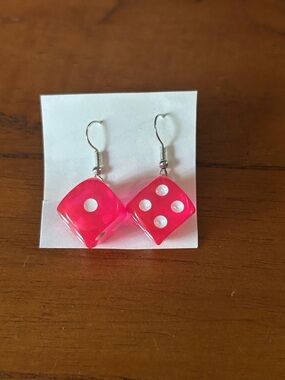 Upcycled Hot Pink Dice Dangly Earrings